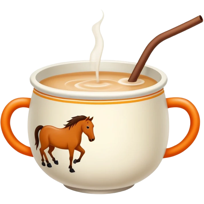 Mongolian milk tea bowl with horse-shaped handle, simplified emoji style with bold outlines and bright colors, cartoon style traditional nomadic drink emoji