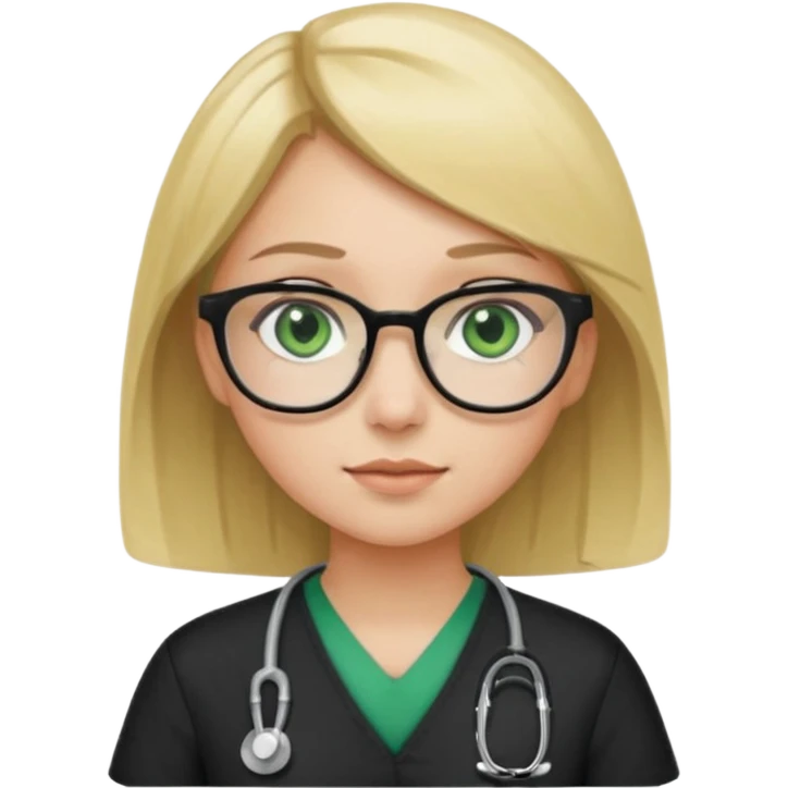 A girl in black scrubs with a blonde bob and glasses no stethoscope green eyes emoji