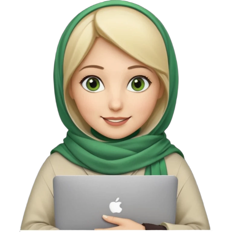 blond women skine , with green eyes , with scarf hijab , hid the hair, with macbook emoji