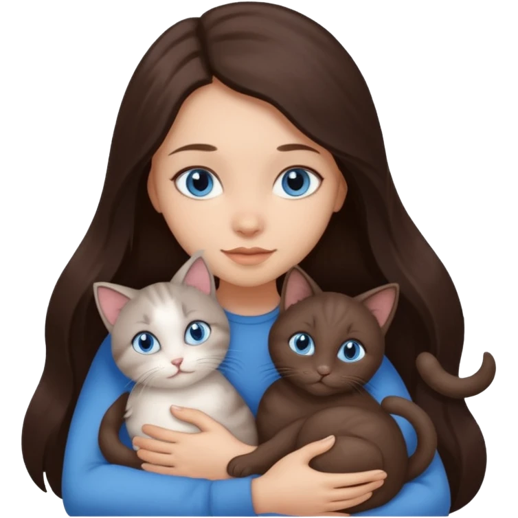 a pretty girl with long dark 
brown hair, with blue eyes, hugs 3 different natural coloured small cats emoji