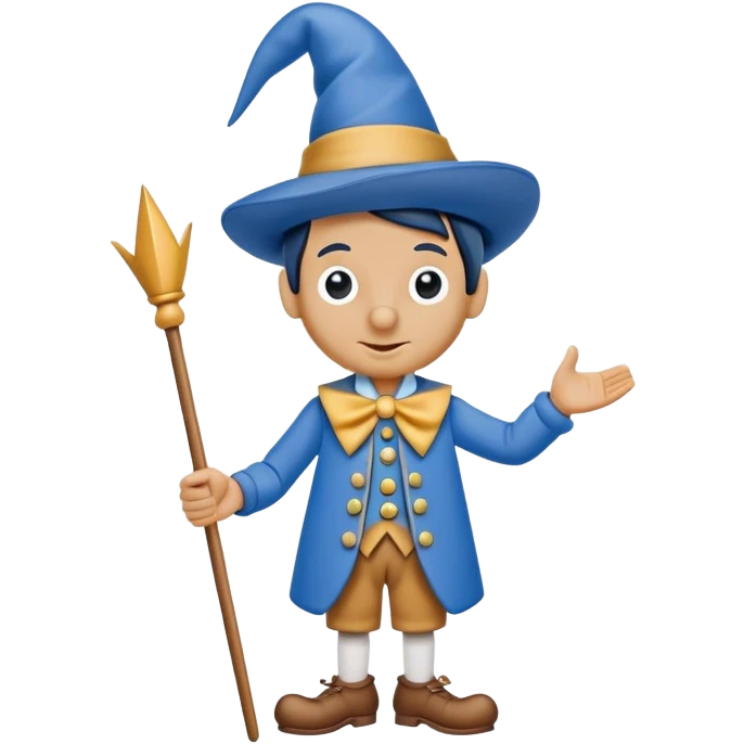 Wooden puppet Pinocchio with a long nose, wearing blue clothes and a pointed hat emoji