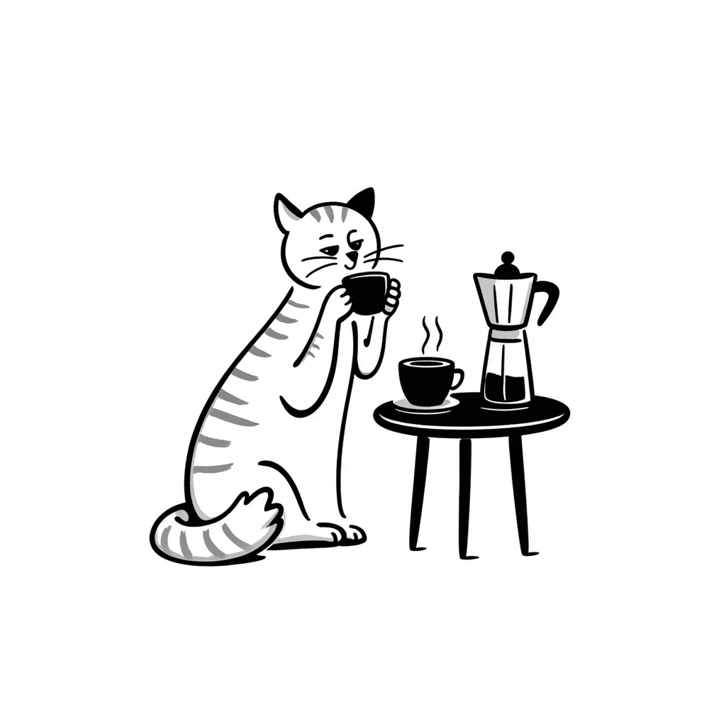 ginger cat drinking coffee, hand-drawn lines emoji