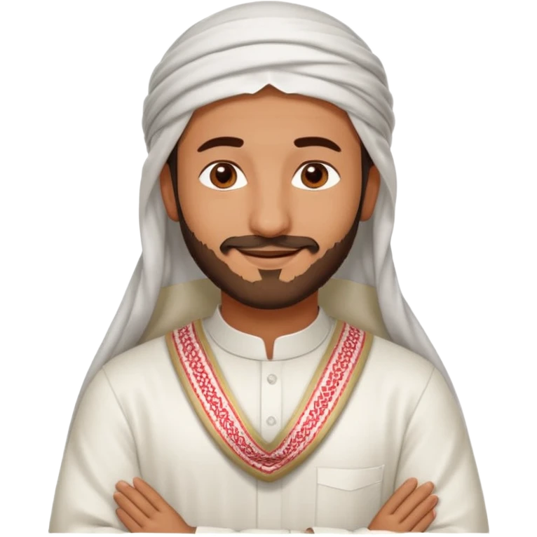 detailed iPhone-style emoji of a Saudi man in white thobe and red-and-white shemagh, smiling gently, both hands on chest, soft cartoon face, short beard, brown eyes emoji
