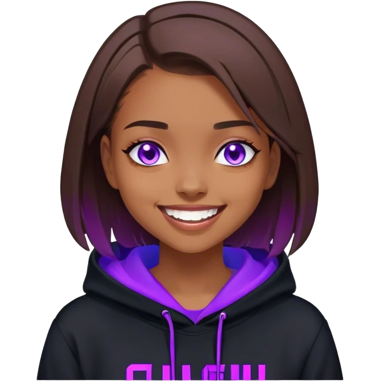 brown haired girl with a bob and blue eyes wearing black hoody with violet letters "Lu", laughs. Cyberpunk style. Violet neon. emoji