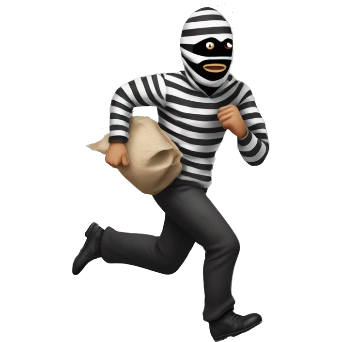 A robber in striped black and white clothes with a black eye mask on running away with a brown sack of money on his back  emoji