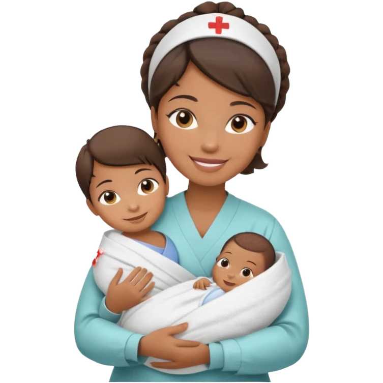 Female nurse smiling with a small hair roll on top of head with medium brown skin and brown eyes holding one new born  emoji