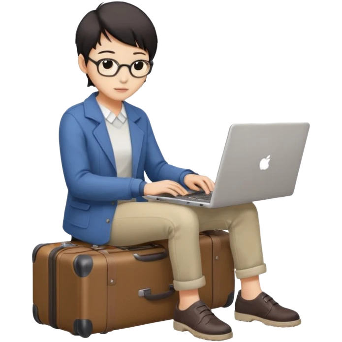 페르소나 요약 : 교환학생을 준비하는 대학생. 동양인 중성 20대의 상반신, 캐주얼한 옷을 입은 채 노트북을 보고 있으며 옆 한켠에는 캐리어가 함께 준비되어 있어요. emoji