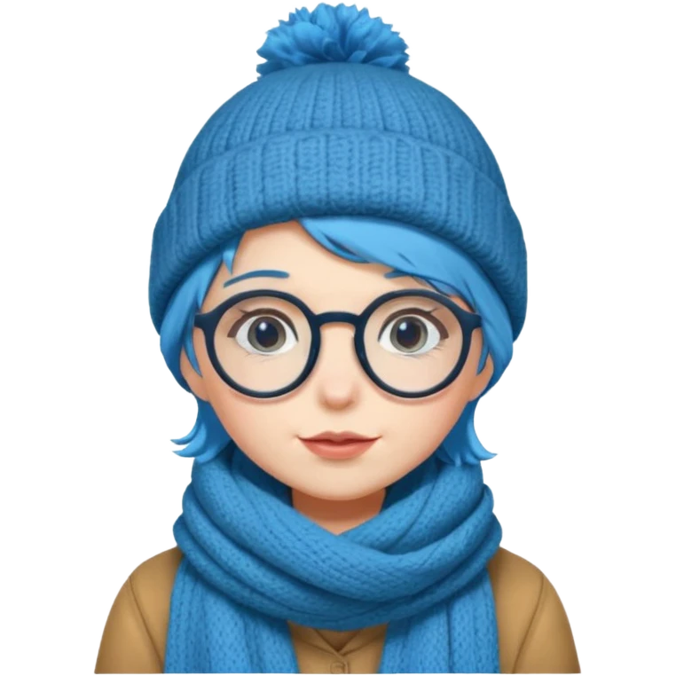 A shy blue straight hair woman with big round glasses and thick scarf and a beanie, blushing from the cold. emoji