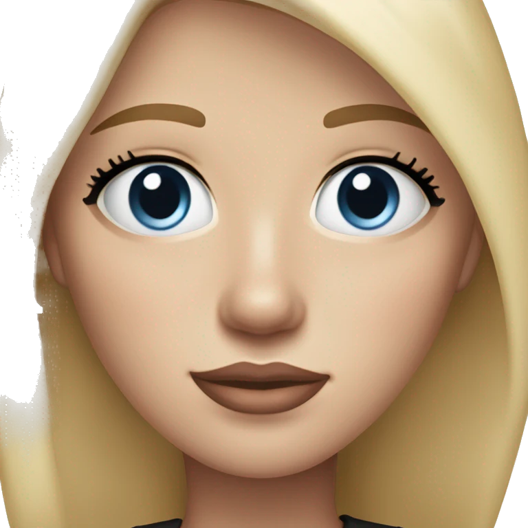 a woman with freckles, blue eyes, light skin, blonde hair and dark roots, pink lips. black clothes. emoji