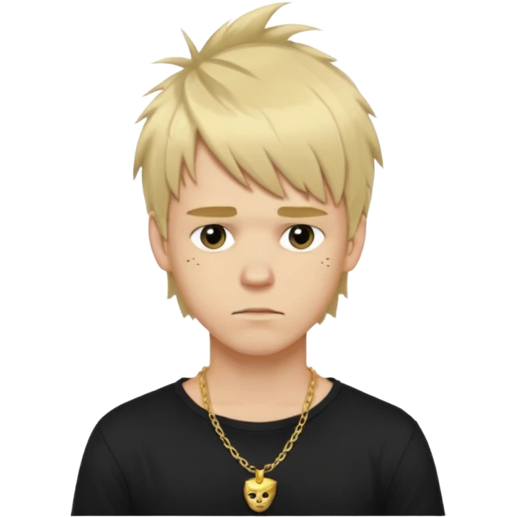 make a iphone emoji who is a white man that looks young with messy blonde medium hair with bangs, and a black punk shirt and a golden neckless emoji