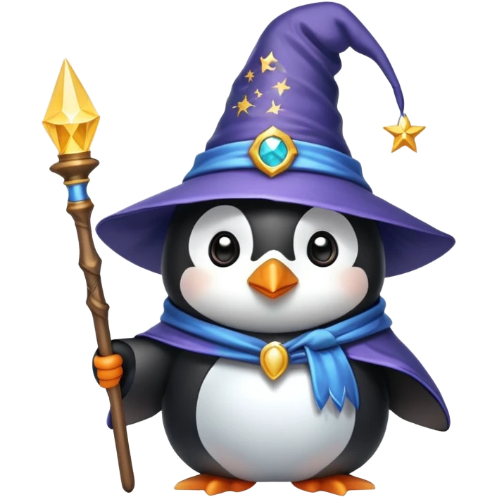 A cute penguin dressed as a wizard with a pointy hat and holding a magic wand emoji