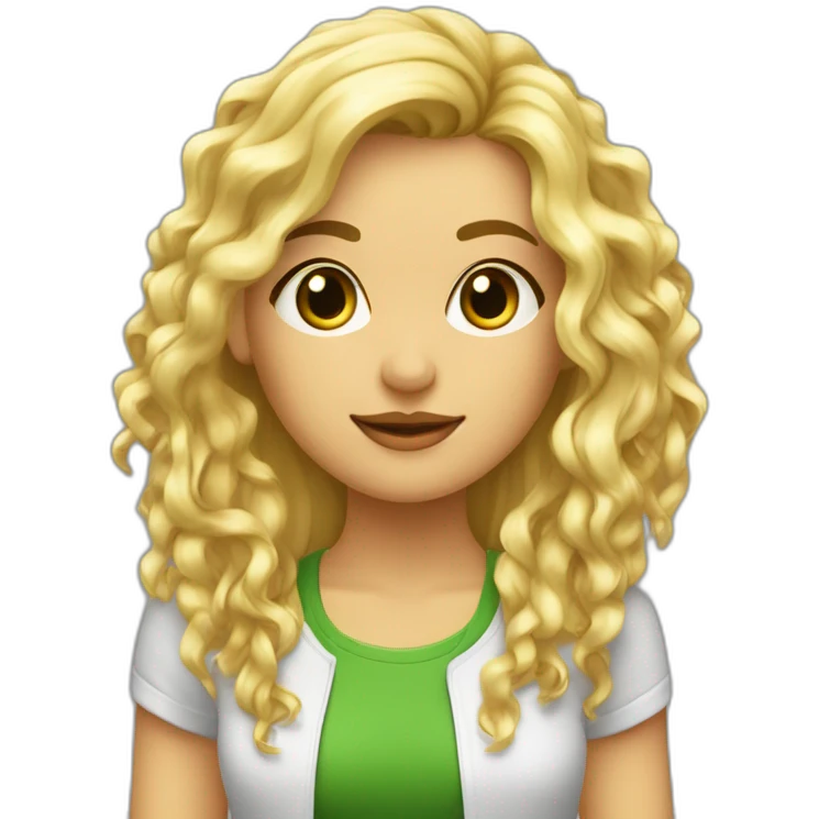 Chica rubia pelo rizado largo y flequillo con ropa verde ldelante ordenador emoji