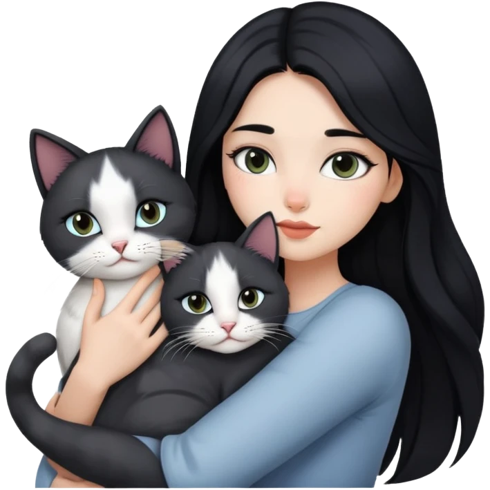 Black long hair makeup girl hug grey white cat emoji