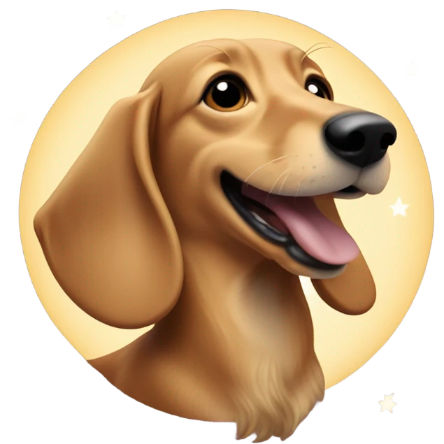 Blonde, long-haired, dachshund howling to a crescent moon emoji