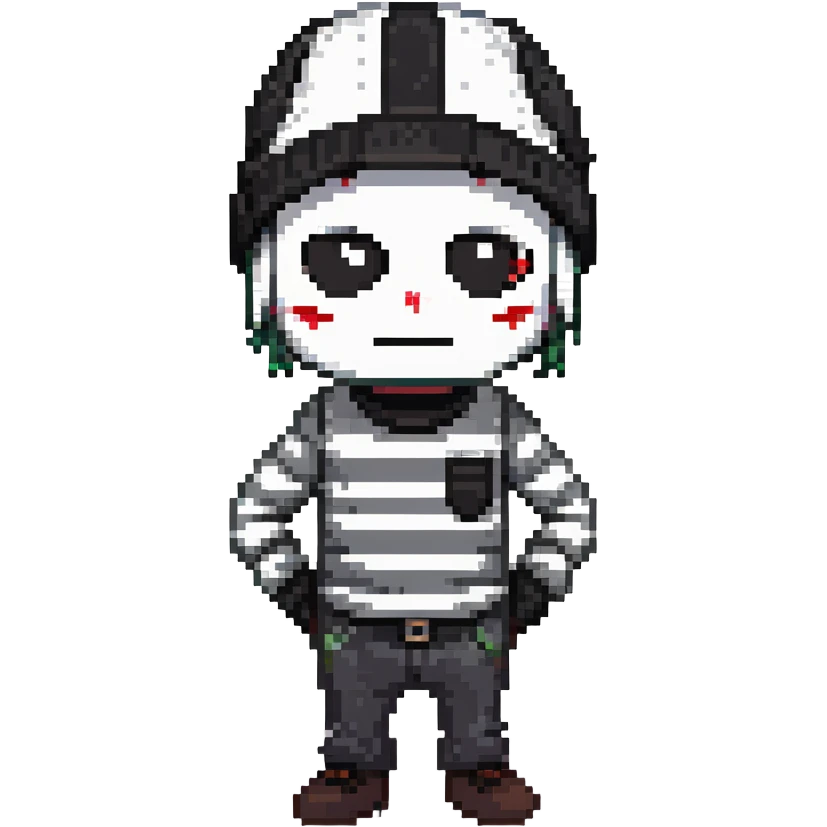 character with black and white striped shirt, black beanie, black mask over eyes emoji