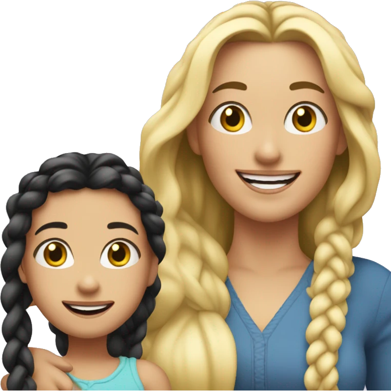 An emoji of a blonde mother with long hair, standing next to her 3-year-old daughter with black braided hair, both smiling emoji