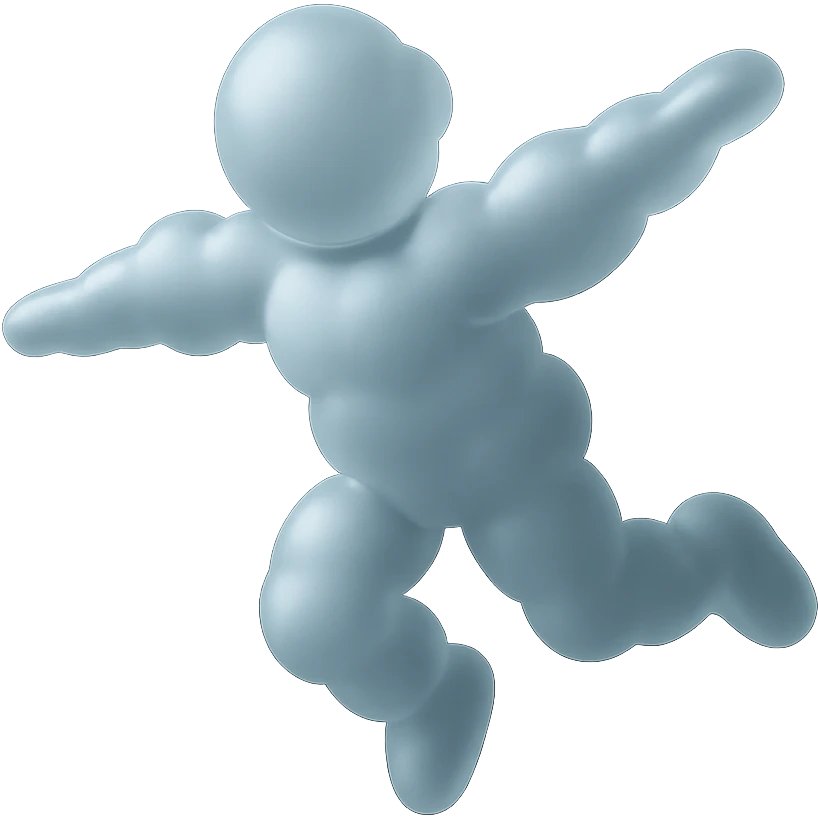 flying person with body and limbs made of small white fluffy clouds, matte glass style, no background, simple pose emoji