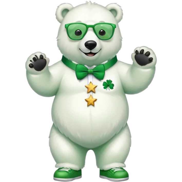 full body friendly anthropomorphised polar bear smiling, wearing large multicolored star-shaped glasses, green bow tie, shamrock pin, festive green shirt, green trainers, St. Patrick's Day emoji
