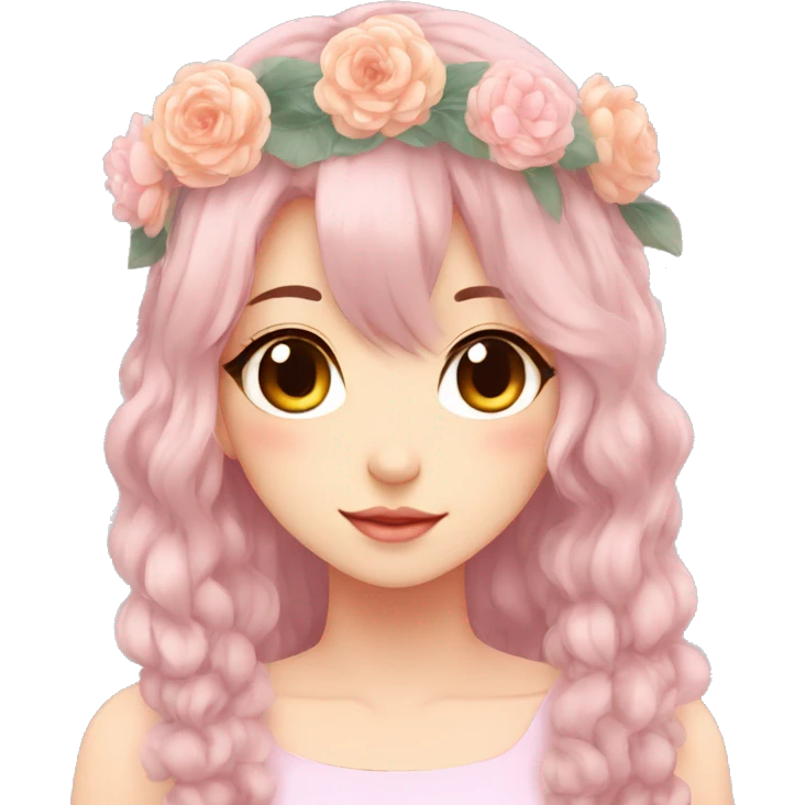 Gorgeous Pastel Anime Lady with blushing face and pretty hair with a flower crown aesthetic trending style emoji
