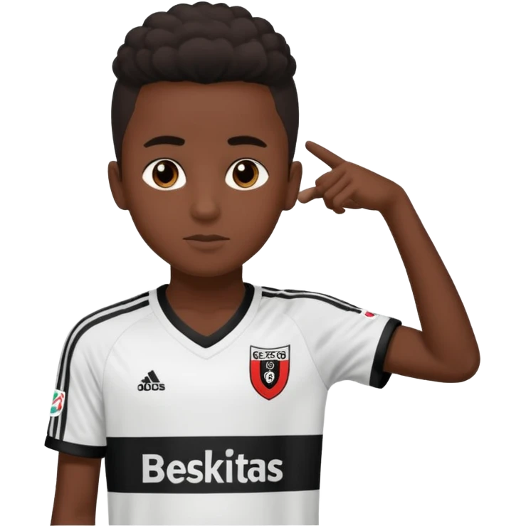 A dark-skinned boy, aged 15 and 16, is wearing a Besiktas jersey, black and white. emoji