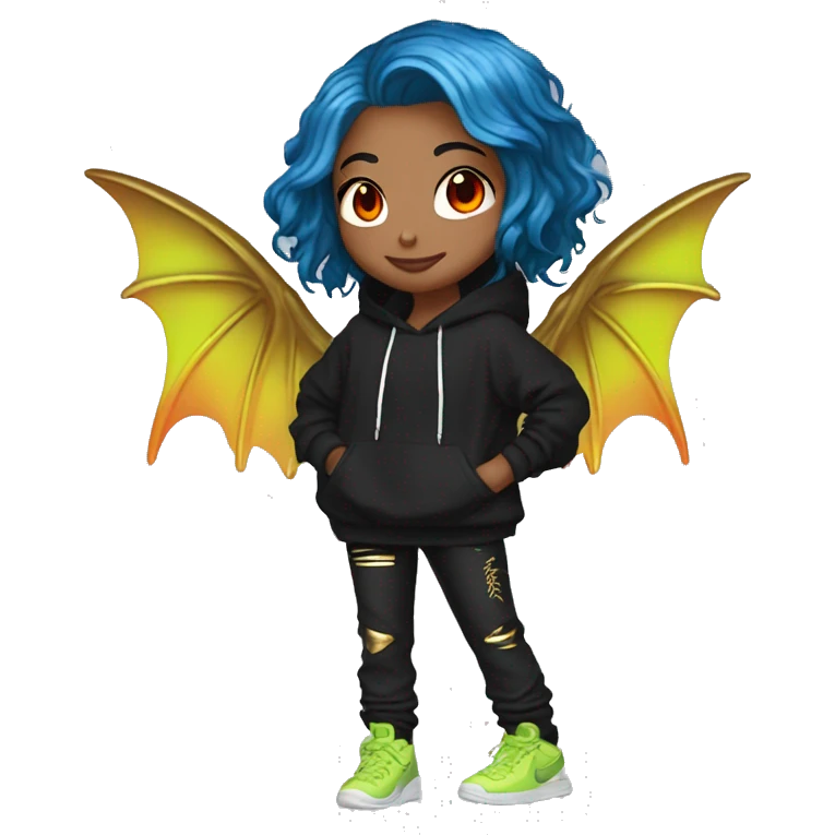 Lady with brunette and iridescent blue hair, gold, lime green dragon wings, black hoodie, bleach dyed, black and gold Nike t shirt, and bright red eyes emoji