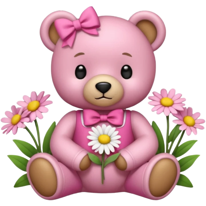small teddy bear in pink clothes with a bow, holding daisies, sitting among flowers, soft lighting, pink background, 3D iOS emoji style emoji