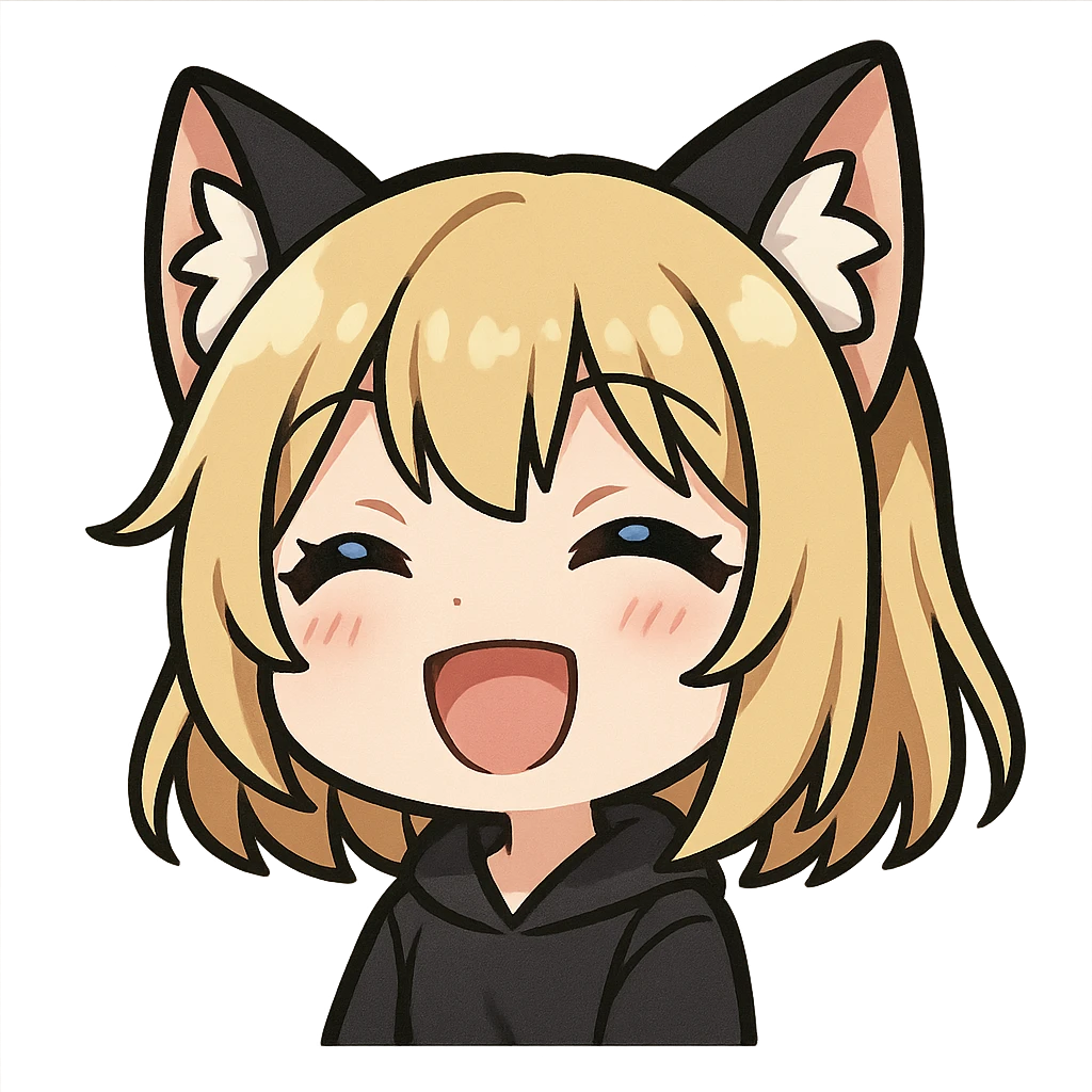 chibi anime catgirl with black and white cat ears, blonde hair, blue eyes, white skin, cute, happy expression, Twitch emote emoji