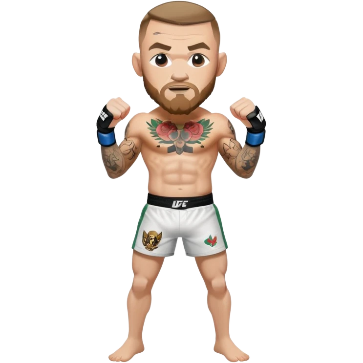 Conor McGregor in fighting stance with UFC shorts and tattoos emoji