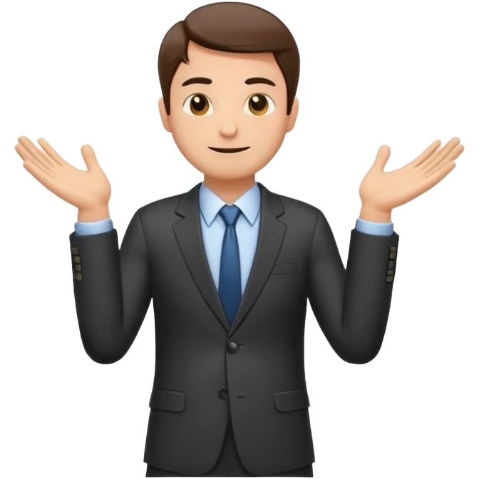 Sticker of a man in a business suit, front view, both arms extended straight in front of his body at chest level, elbows slightly bent, palms facing inward as if holding an invisible box, friendly expression, clean cartoon style, bold outlines, minimal background, emoji sticker style emoji