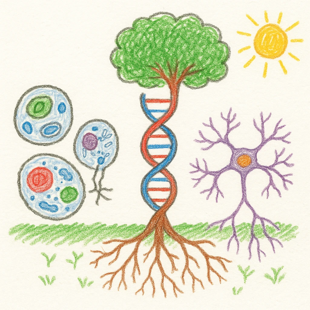 A realistic biological illustration (like in a school book) showing: DNA strands transitioning into a tree, cells with visible organelles, neurons connected to plant roots  and a balanced ecosystem background . Seamless integration, no labels or borders, white background, detailed but minimalist.  emoji