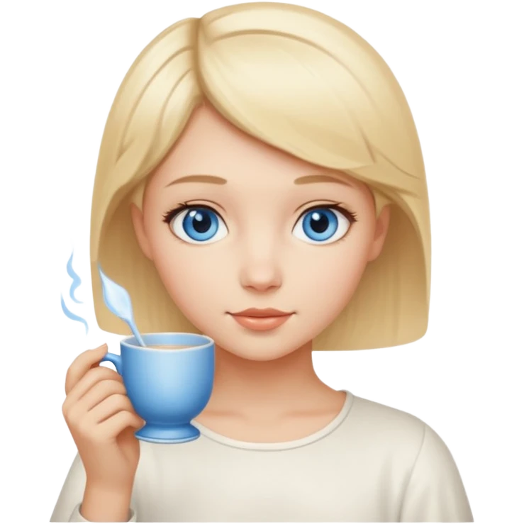 angelic blonde girl with short hair and blue eyes holds a cup emoji