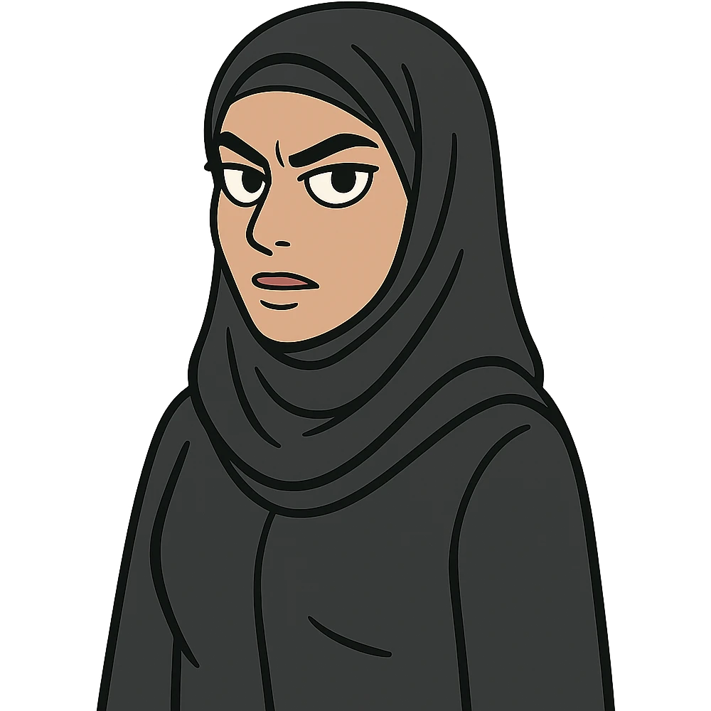 femme noire voilée, regard perçant, air intelligent, flat-toon style emoji