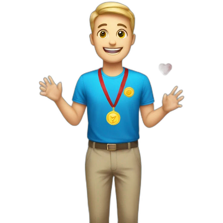 A happy man presenting a medal with hearts emoji