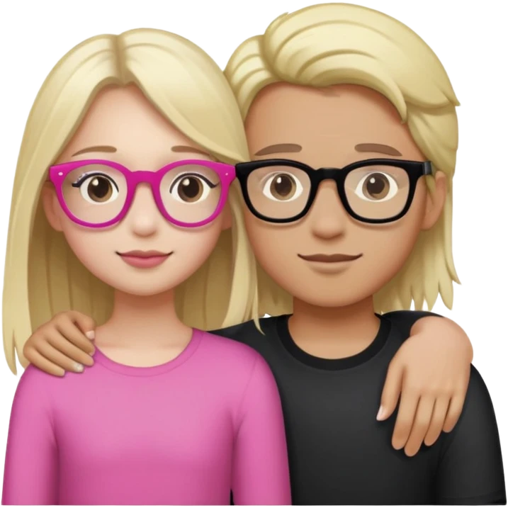 The girl has Dark Brown Hair, Pink glasses, And a mixed skin tone. Boy with white skin tone, Long Blonde Hair and black glasses. The two embrace each other  emoji