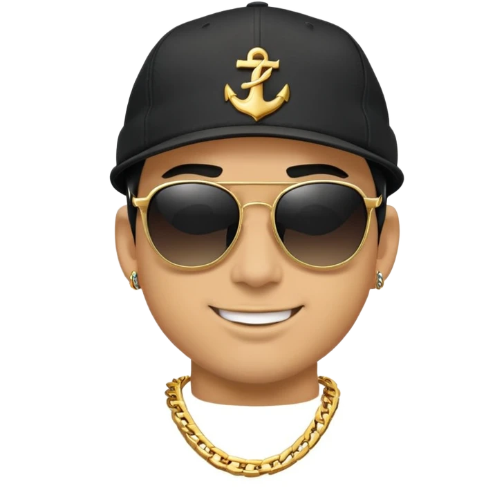 man with black sunglasses, black cap, and gold chain, winking emoji