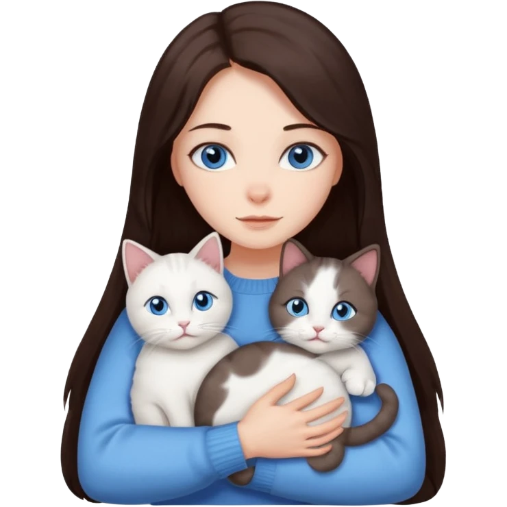 a girl with long dark 
brown hair, with blue eyes, in a
white sweater, hugs 3 different natural coloured cats emoji