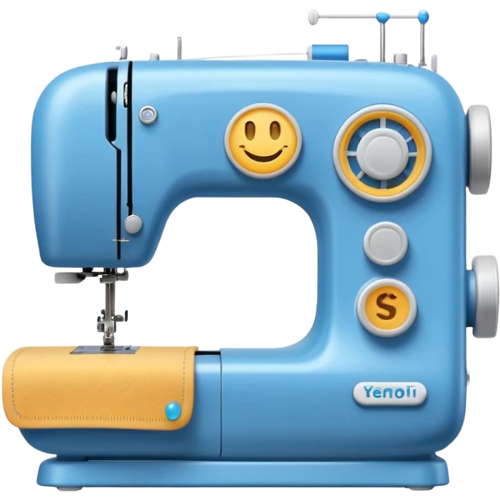 Emoji of a modern sewing machine inspired by a Brother machine. Soft, rounded shapes in the style of Apple emojis, with subtle gradients and soft shadows. White body with light gray details, a blue thread spool on top, a small digital screen and a round dial. emoji