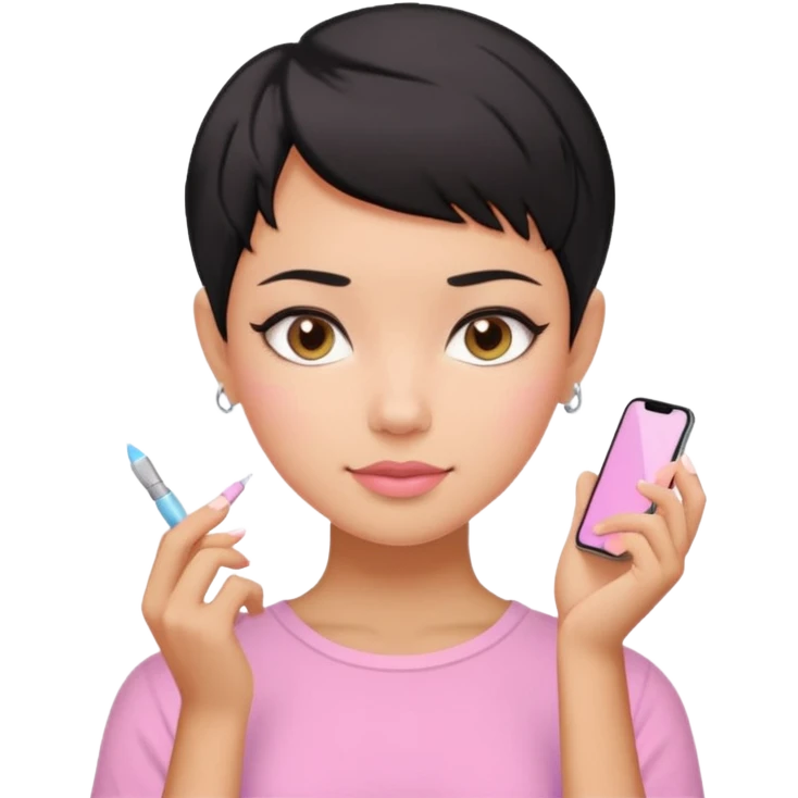 tan girl pink shirt with black hair & a pixie cut no earrings doing cute pastel colors skin care emoji
