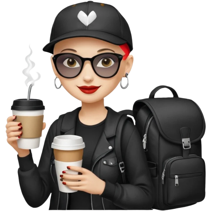 ["A happy woman with light skin, bald, wearing a baseball cap and sunglasses, dressed in goth fashion, is drinking coffee while holding a backpack."] emoji