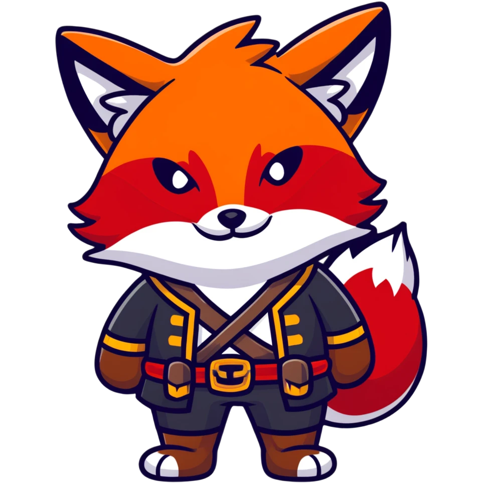 Fox with fiery red eyes, one eye covered with pirate blindfold emoji