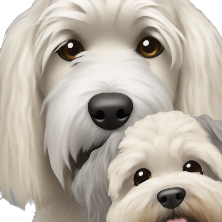 pretty woman blonde hair blue eyes hugging a white and gray soft coated wheaten terrier dog emoji