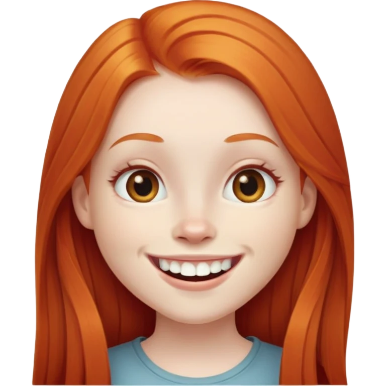 traditional emoji of young girl with very pale skin, long straight bright ginger red hair, regular human eyes (not cat-like), wide nose, big smile with extremely large prominent teeth showing, classic round face emoji