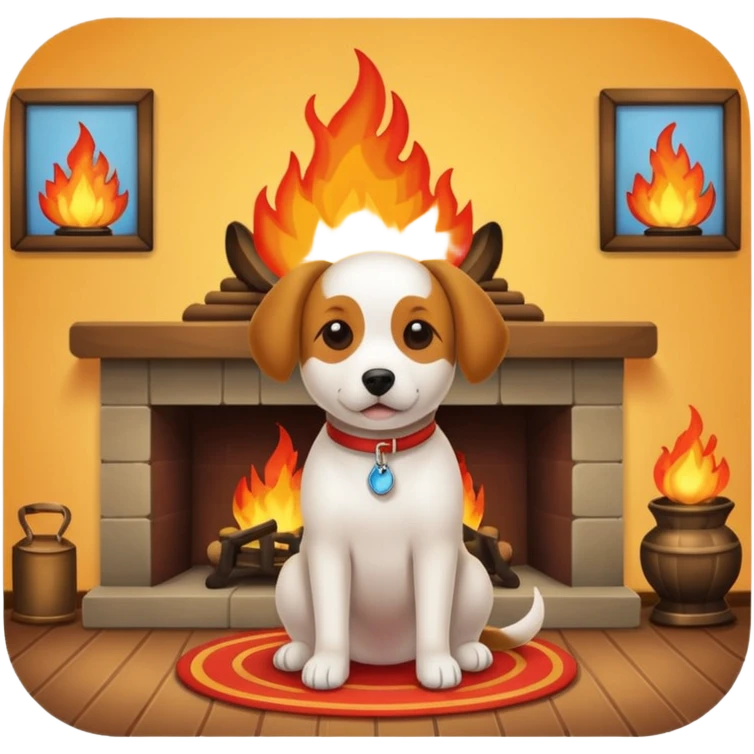 Dog sitting in room with fire emoji