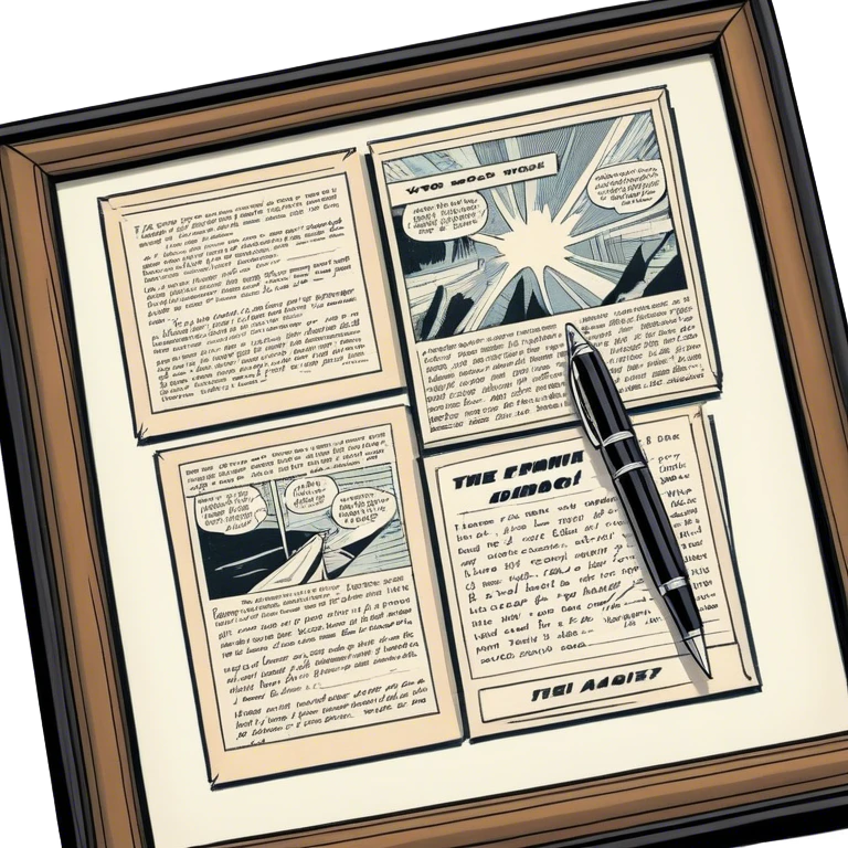 Create a detailed emoji representing the process of writing texts for comic books. The design should feature a large, open comic book with vintage comic strips visible on its pages. A pen should be shown writing text on one of the comic panels, but without a hand. The pencil should appear as though it is actively creating the dialogue or narration. Use a classic color palette with muted tones for the comic book and brighter accents on the pencil to draw attention to the writing process. Do not include any emojis or smiley faces. Make the background transparent. emoji