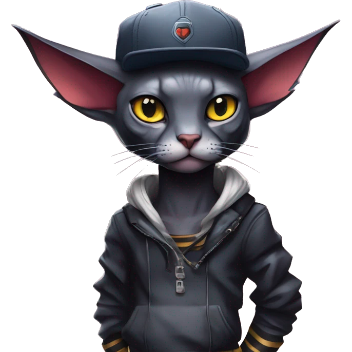 Cool Anthro Bat-Litten-Sphynx-Pokémon with edgy stripes collar punk techwear cool fiddler-hat Full Body emoji