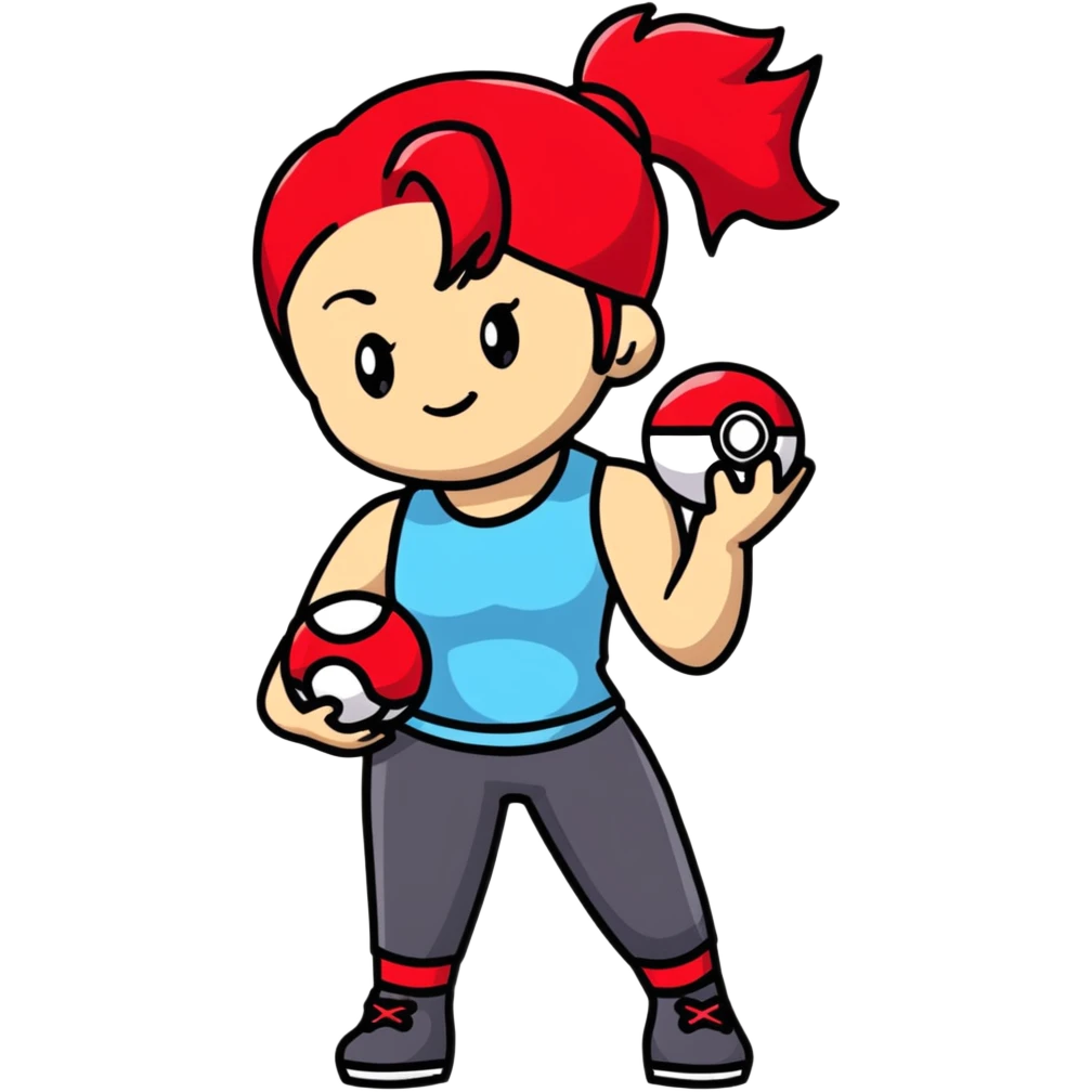 female pokemon trainer with red hair in a ponytail, holding a pokeball, confident pose emoji