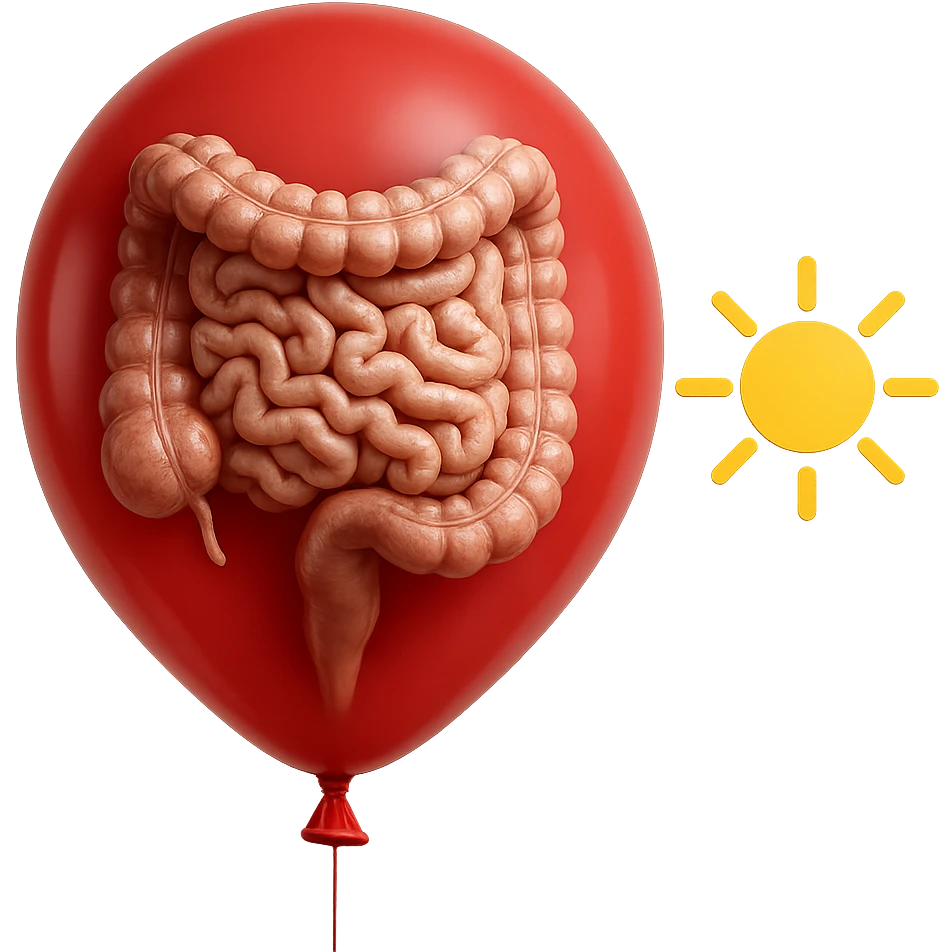 intestino umano anatomico chiuso in un palloncino rosso che simboleggia gonfiore, accanto un simbolo di sole che simboleggia "gonfiori di mattina", iperrealistico 4k emoji