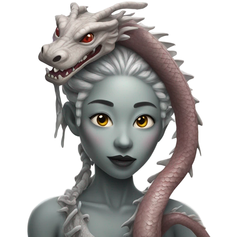 Photo realistic, alien female gray, kissing and embracing china dragon emoji