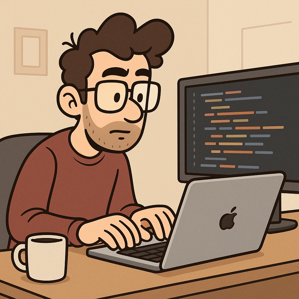 a programmer sitting at a desk with a MacBook, typing code, minimalist flat style emoji