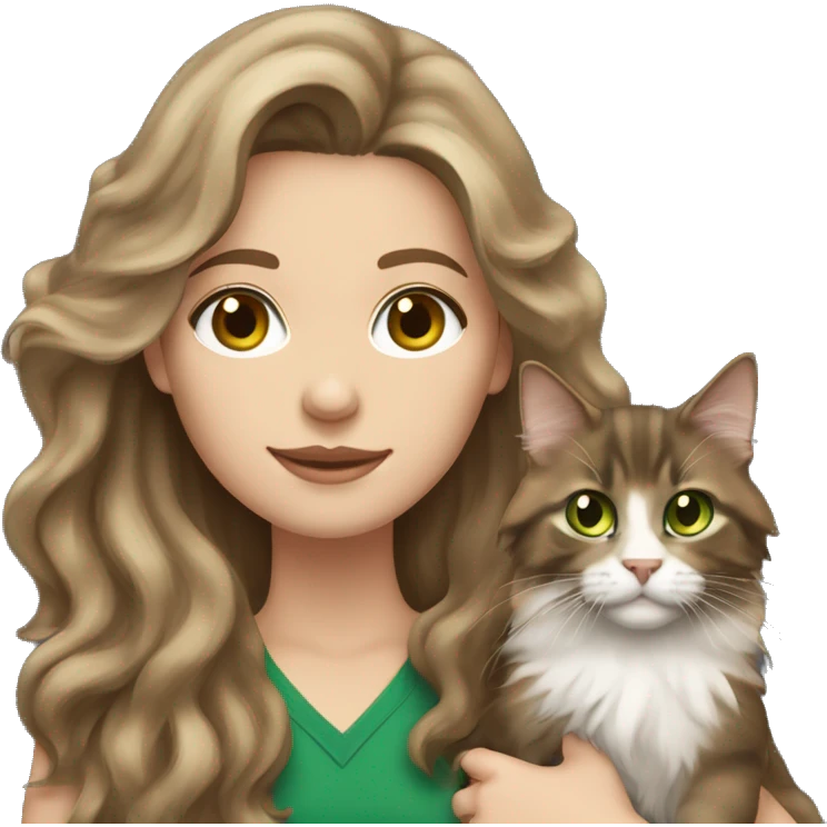 White brunette long wavy hair woman with green eyes holding a brown Maine coon cat  emoji